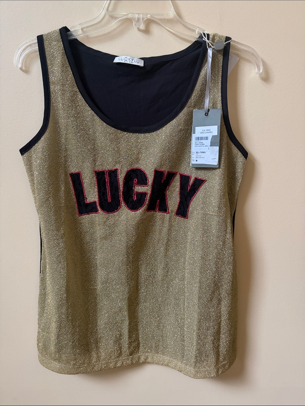 Luckylu Milano Metallic Gold ‘LUCKY’ Tank Top with Black Trim - NEW
